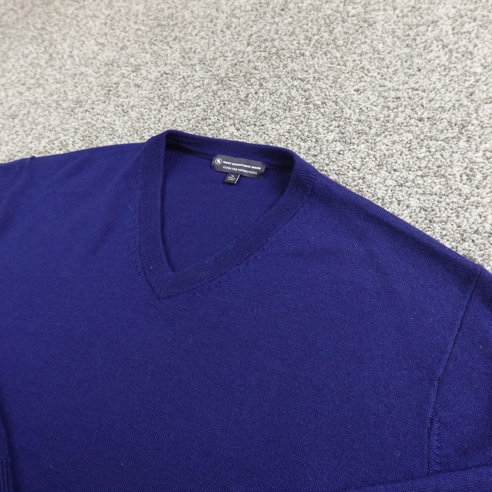 Hart Schaffner Marx Sweater Mens XL Blue Extra Fine Merino Wool V Neck Pullover